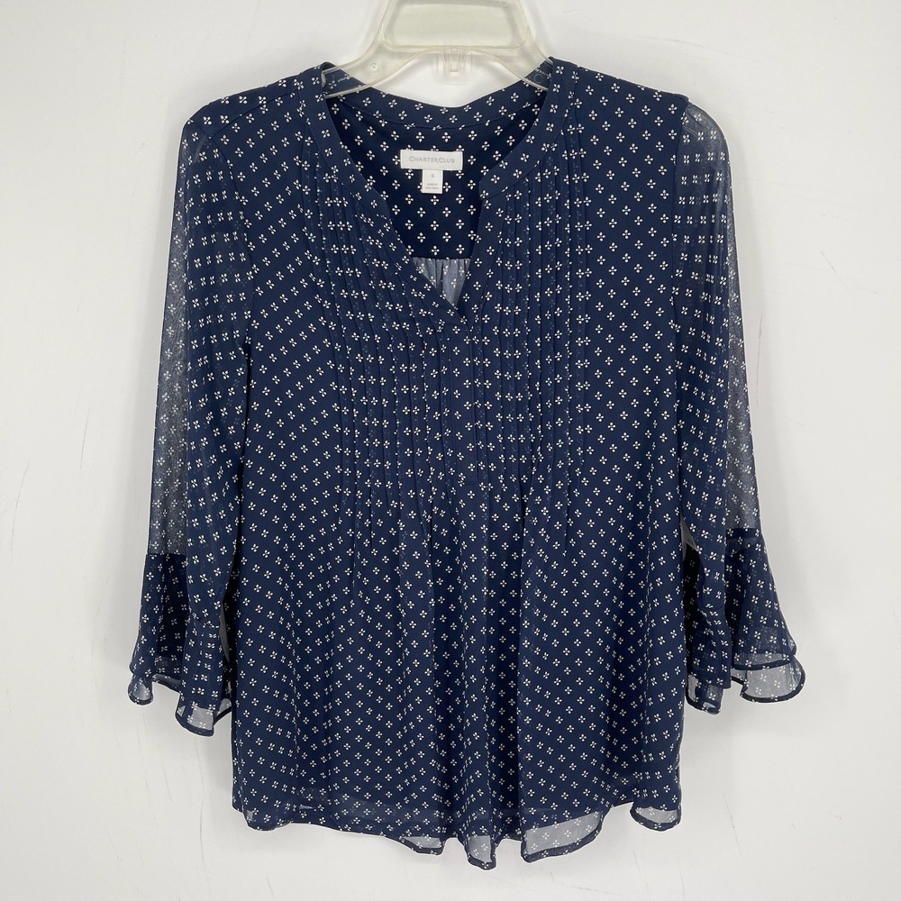 Charter Club NWT Women's Blue Printed Pintuck Sheer Bell Sleeve Blouse Size S